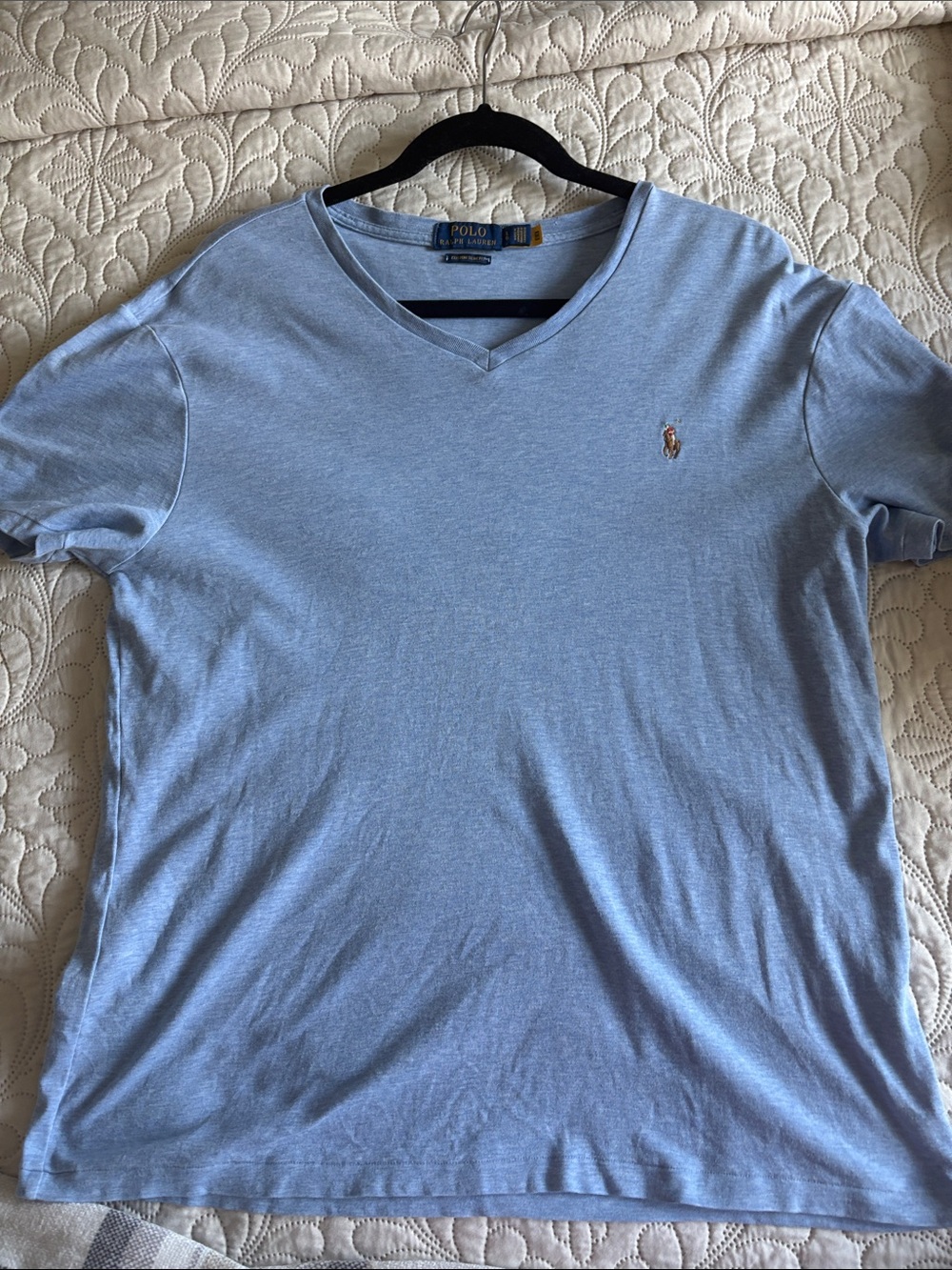 Polo by Ralph Lauren Men's Light Blue V-Neck Tee with Embroidered Pony